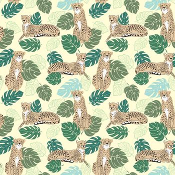 Seamless pattern of cheetah and tropical leaves on yellow background