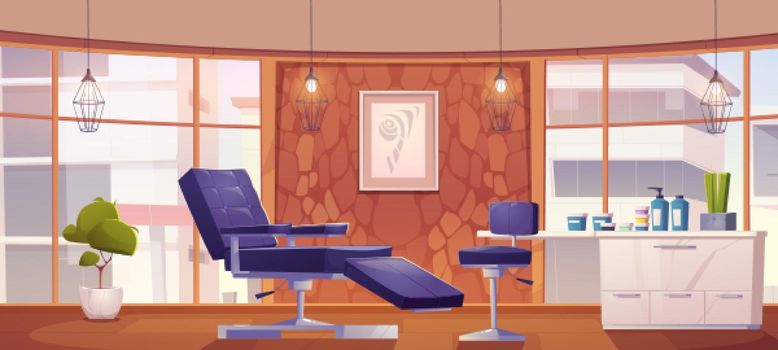Tattoo salon interior with chairs and cosmetics
