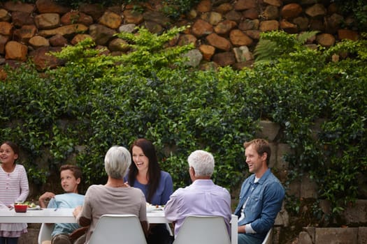 Spending osme quality family time. Shot of a happy multi-generational family having a meal together outside.