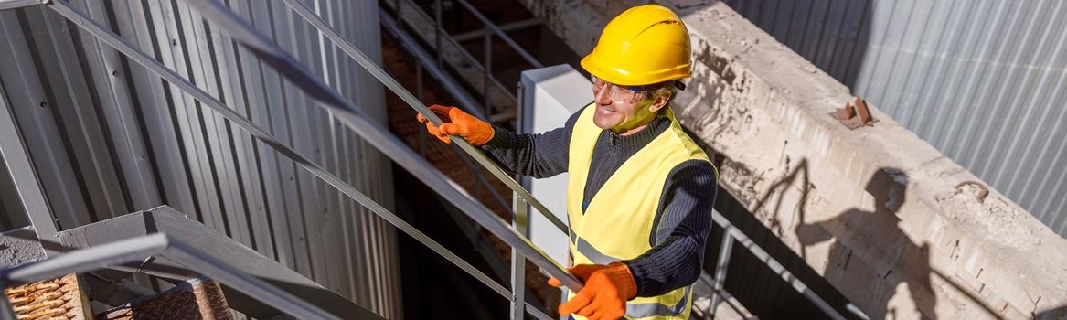 Joyful male worker climbing stairs at factory