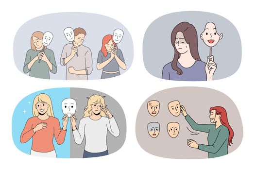 Set of unhappy anxious people hold masks with different emotions struggle with mental psychological problems. Collection of sick moody men and women have bipolar disorder. Vector.