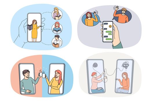 Set of diverse people use smartphones communicate on internet using cellphone apps. Collection of men and women hold cellphone talk message online in gadgets. Technology. Vector illustration.