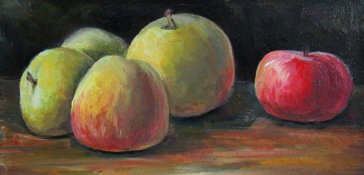 ripe Apples on a dark background, oil painting