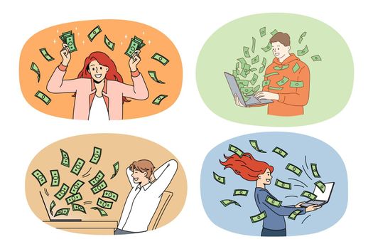 Set of smiling young people get cash from computer work. Collection of happy businesspeople receive passive income from investment. Finance and banking. Lottery win. Vector illustration.