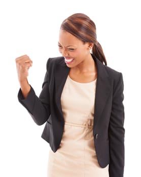 Success. A smiling ethnic corporate woman with her fist in the air.