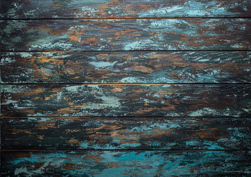 Cracked and peeled blue painted wooden panels rustic blank background