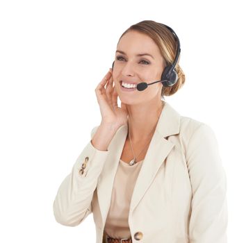 Friendly advice is a phone call away. An attractive customer support representative taking a call.