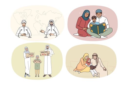 Set of diverse Arabic families in traditional clothes