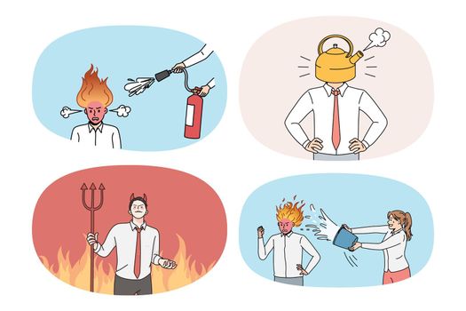 Set of tired businessman with burning head suffer from breakdown