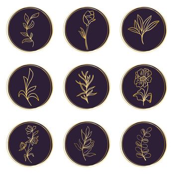 Set gold icons herbs and flowers