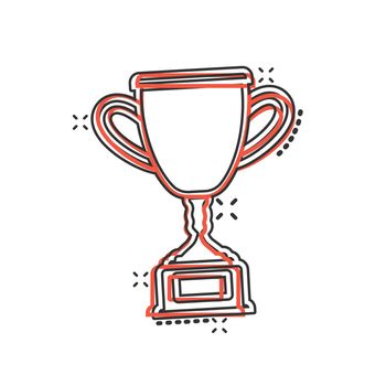 Trophy cup icon in comic style. Goblet prize cartoon vector illustration on isolated background. Award splash effect sign business concept.