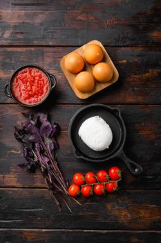 Mozzarella Italian cheese, on old dark wooden table background, top view flat lay
