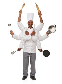 Multi-tasking is a chefs game. A chef with eight arms holding different cooking utensils in them.