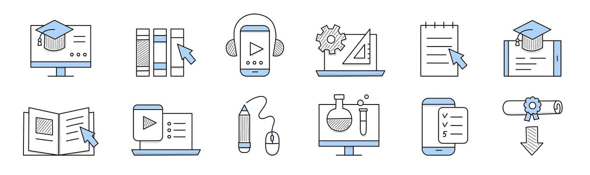 Online education doodle icons, isolated elements
