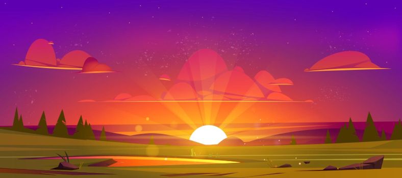 Cartoon nature landscape beautiful sunset at green field with pond, grass, rocks and conifers under purple sky with red clouds. Picturesque scenery background, natural dusk scene, Vector illustration
