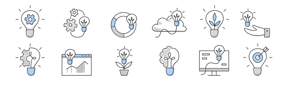 Idea icons, doodle business signs light bulbs set