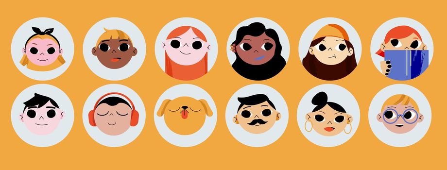 Set of people and pets avatars isolated round icons. Diverse male and female characters with different appearance and ethnicity. Men, women, girls, boys, dog portraits, Line art vector illustration