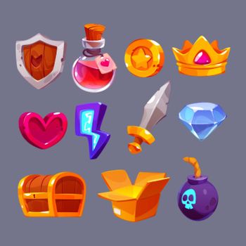 Cartoon game icons knight shield, witch potion