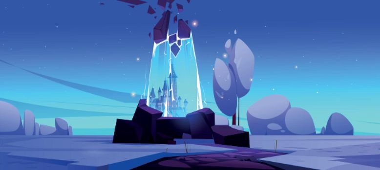 Magic portal with fairytale castle in blue glow