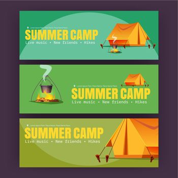 Summer camp posters with tent, bonfire and bowler