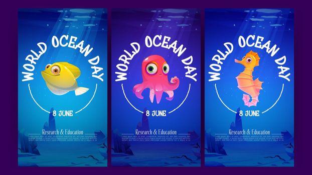 World ocean day cartoon posters with cute underwater animals octopus, fish and sea horse in blue water. Invitation cards template for ecological holiday or event celebration, Cartoon vector flyers set