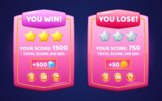 Game ui interface pink boards with win and lose