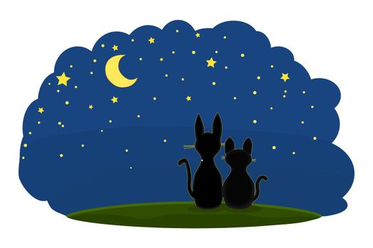 Couple of lovely cats on night starry sky background. Romantic love cats silhouettes.