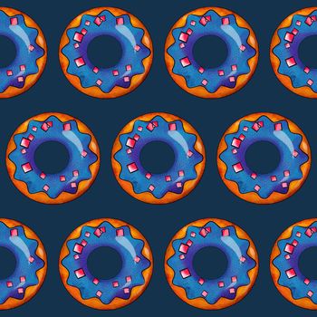 Seamless pattern of blue donuts on a black isolated background. Confectionery sweets top view.