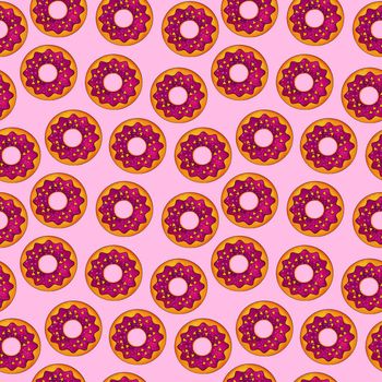 Seamless pattern of donuts in lilac color on a pink background. Confectionery sweets top view.