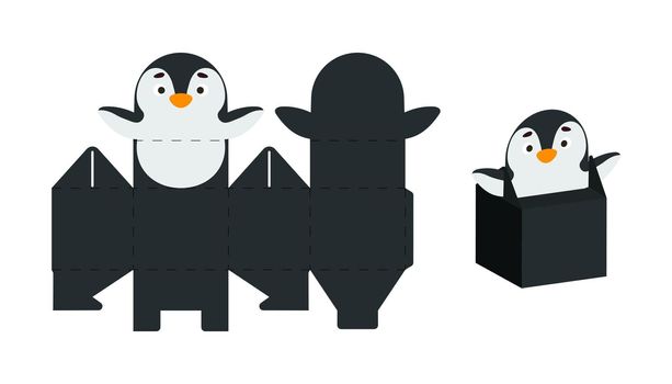 Cute party favor box penguin design for sweets, candies, small presents. Package template for any purposes, birthdays, baby shower, Christmas. Print, cut out, fold, glue. Vector stock illustration