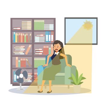 vector illustration of a woman who sitting on sofa feeling hot in summer day, suffering heat exhaustion