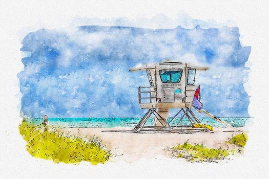 Watercolor painting illustration of lifeguard tower in Miami