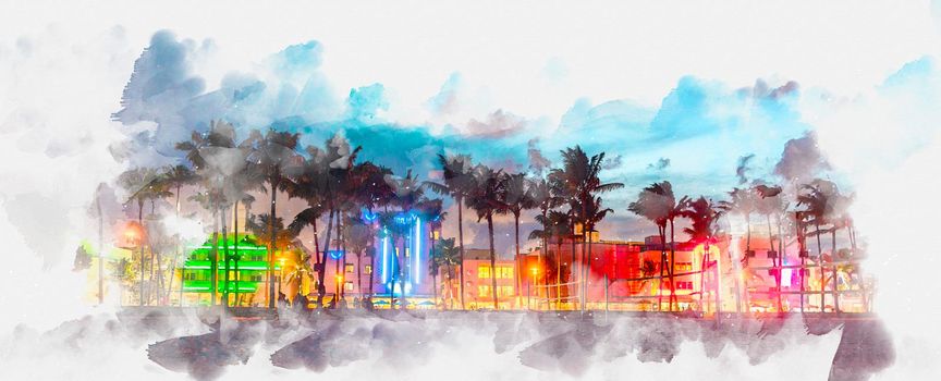 Watercolor painting illustration of Miami Beach Ocean Drive panorama with hotels and restaurants at sunset