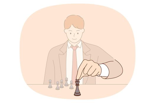 Clever man play chess with pieces