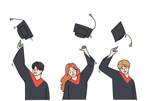 Excited students in mantles throw caps in air overjoyed with college or university graduation. Smiling graduates celebrate school finish. Education and success. Vector illustration.