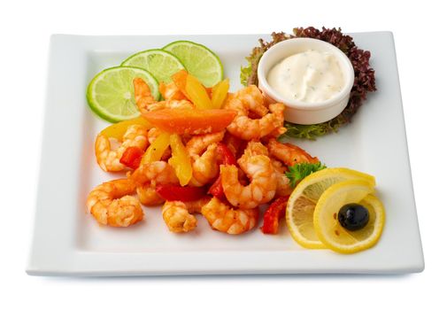 Cooked prawns on white tray isolated on white