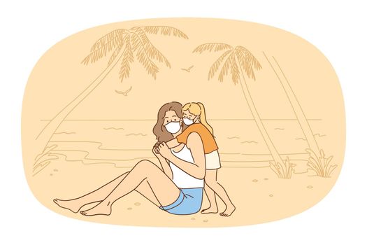 Small girl child hug young mom wear facemasks relax together on beach. Mother and little daughter in facial masks on summer vacation. Traveling during covid-19 pandemics. Vector illustration.