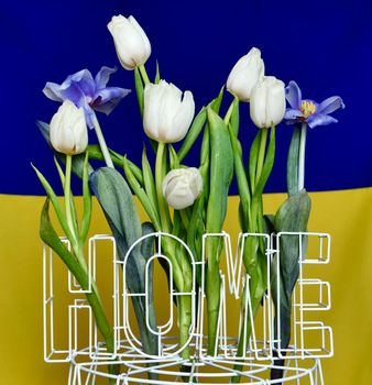 National Ukrainian flag - yellow blue with flowers