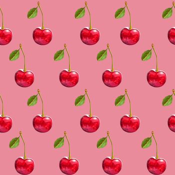 Illustration realism seamless pattern berry red cherry with green leaf on a pink background