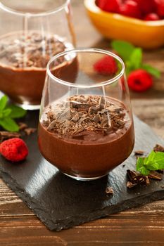 Glasses of homemade sweet dark chocolate mousse