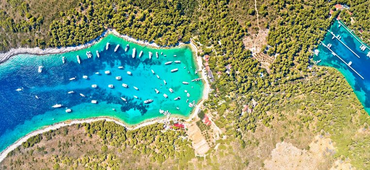 Aerial view of Palmizana, sailing cove and turquoise beach on Pakleni Otoci islands