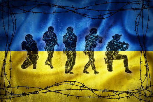 Grunge flag of Ukraine surrounded by barb wire with soliders pointing weapon illustration