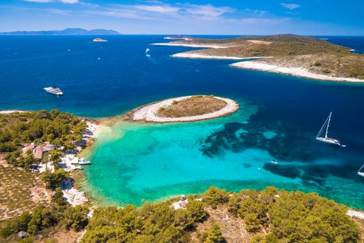 Pakleni otoci Marinkovac island turquoise bay yachting destination aerial view, Hvar island