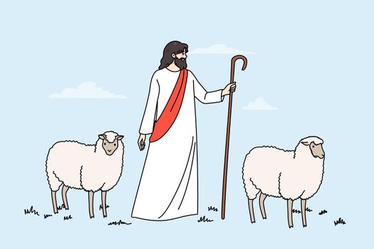 Biblical scene of Jesus Christ and lambs
