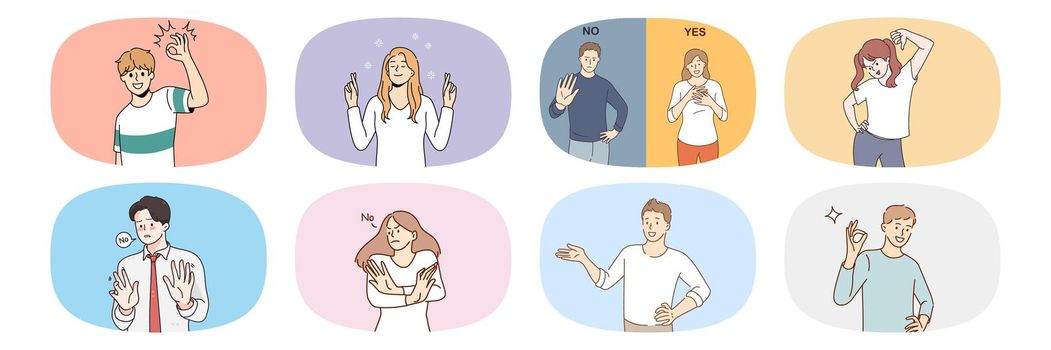 Collection of diverse people show yes and no hand gestures. Set of men and women demonstrate different emotions. Body language and nonverbal communication. Vector illustration.