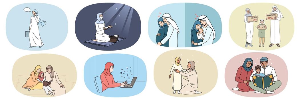 Set of diverse Arabic people in traditional clothes show everyday life of east culture. Collection of Arabian men and women in family follow Muslim cultural traditions. Vector illustration.