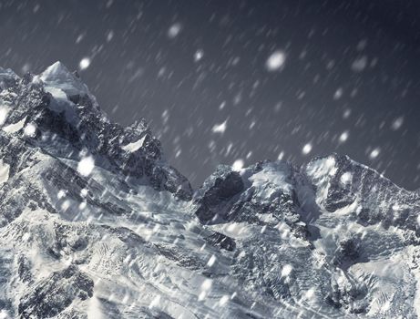 Dangerous peaks. Illustration of a mountainous landscape in the grips of a snowstorm.