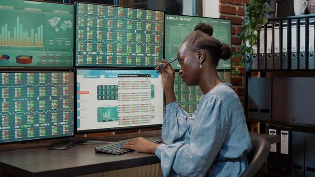 Female trader brainstorming ideas to develop forex stock market
