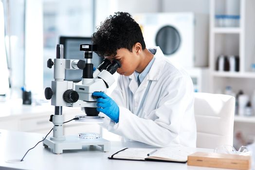 Theres a lot to discover about the world around us. Shot of a young scientist using a microscope in a lab.