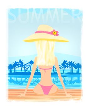 girl in bikini and tropical pool - funny holiday card 